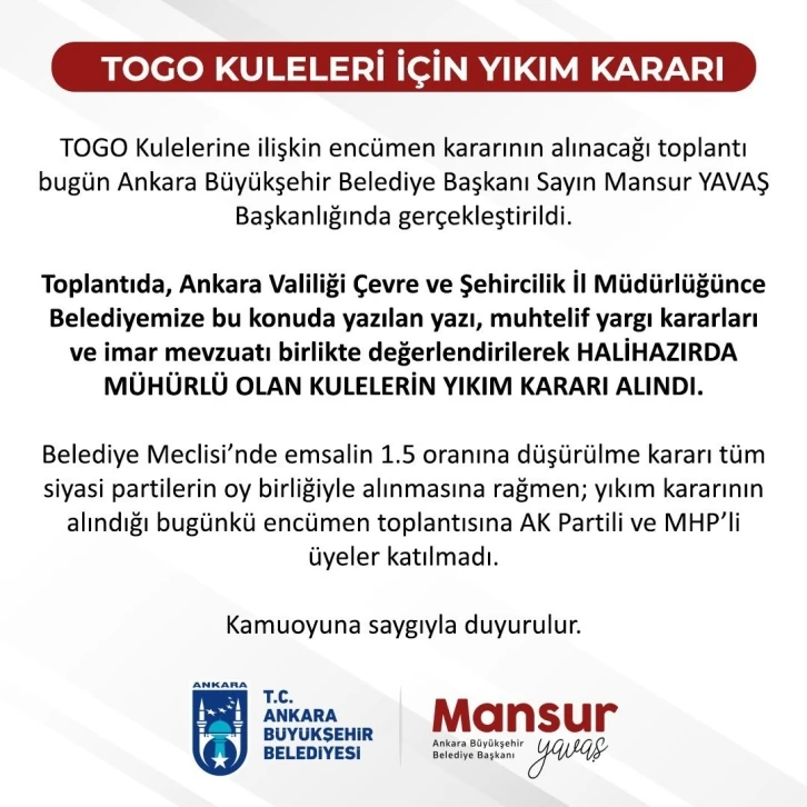 Ankara Büyükşehir Belediyesi, TOGO Kuleleri için yıkım kararı alındığını duyurdu
