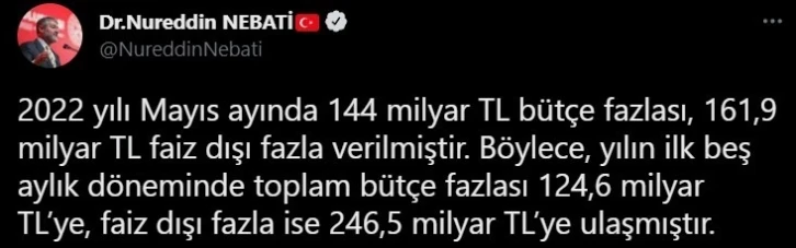 Bakan Nebati: “Bütçe gelirlerinin ihtiyatlı duruşla desteklenmesi faiz dışı fazla verdi”
