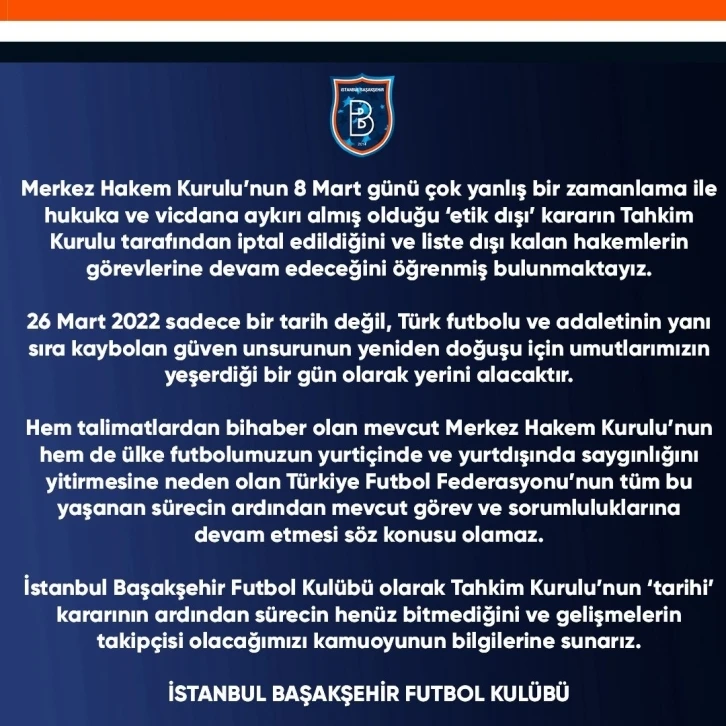 Başakşehir’den MHK ve TFF’ye istifa çağrısı!
