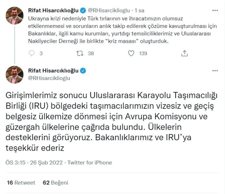 Hisacıklıoğlu: "Türk tırlarının olumsuz etkilenmemesi için kriz masası oluşturduk"
