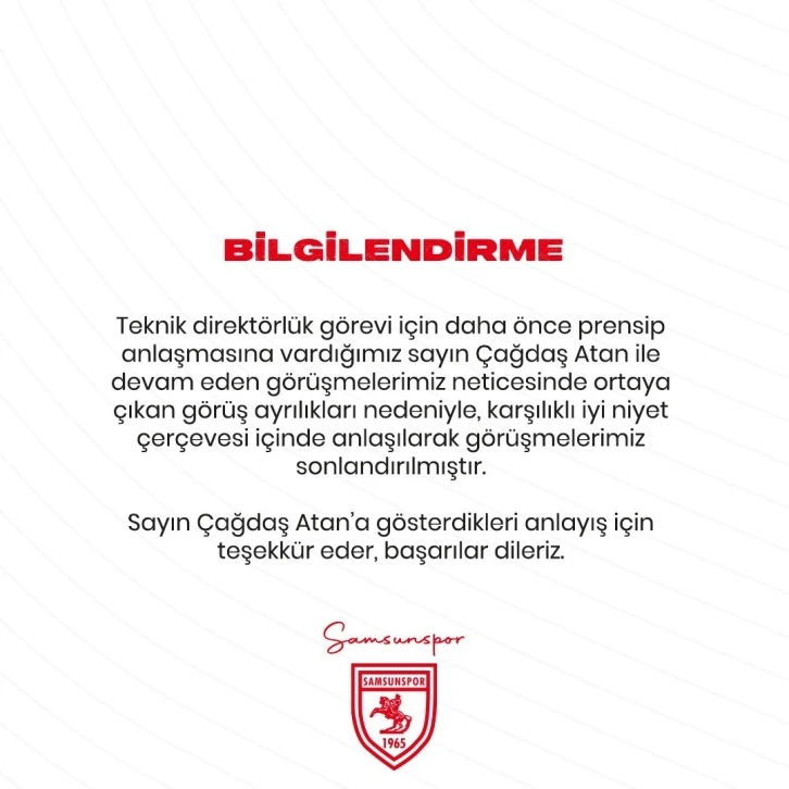 Samsunspor, Çağdaş Atan ile anlaşamadı
