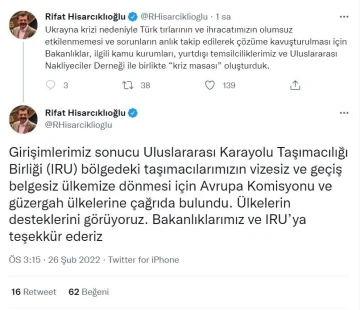 Hisacıklıoğlu: &quot;Türk tırlarının olumsuz etkilenmemesi için kriz masası oluşturduk&quot;
