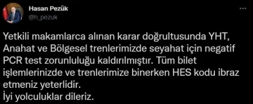 TCDD Genel Müdürü Pezük: “Trenlerimizde seyahat için negatif PCR test zorunluluğu kaldırılmıştır”
